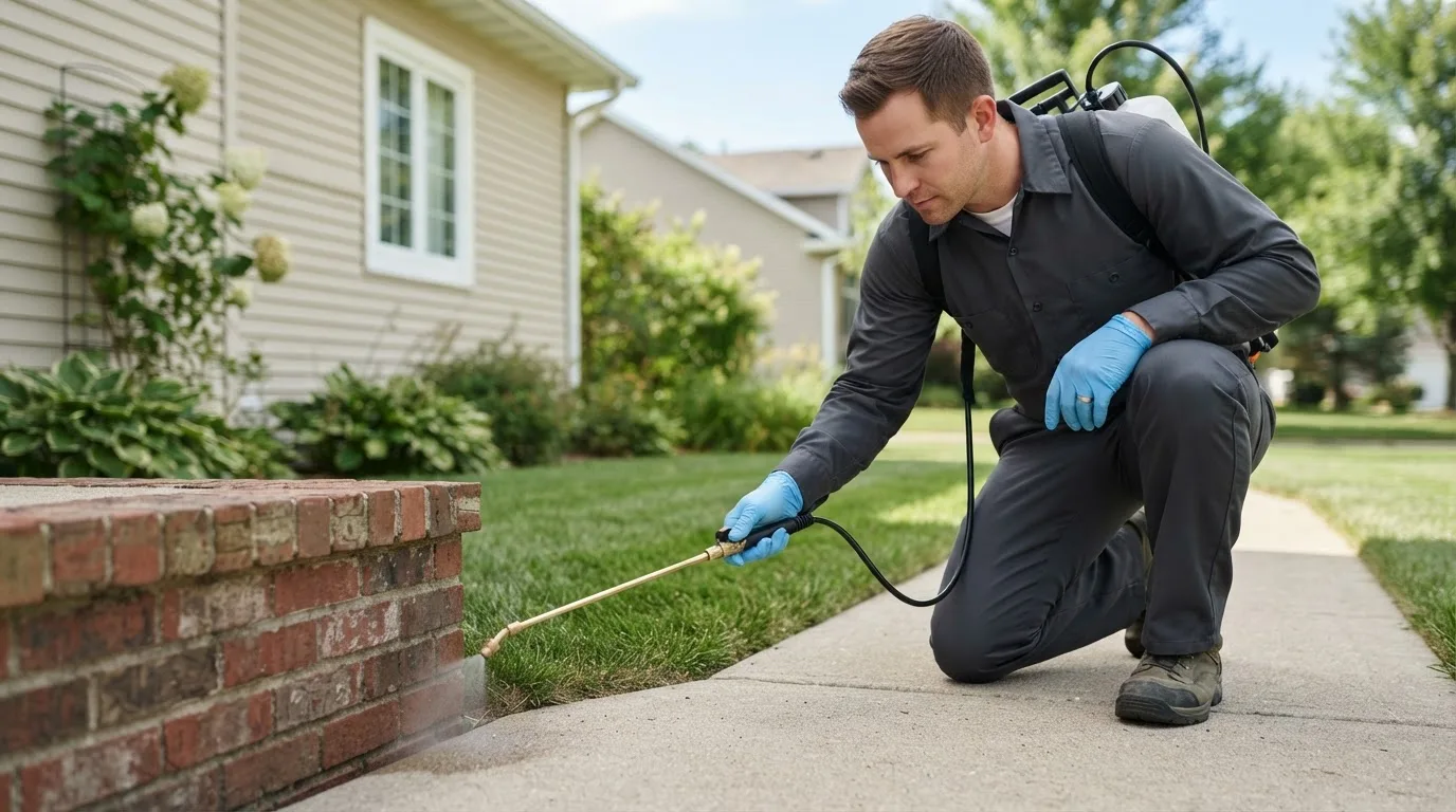Pest control technician treating a home near Mukilteo, WA